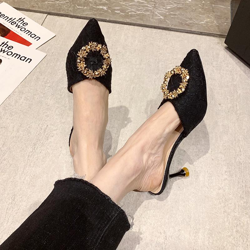 Fashion Luxury Metal Buckle Silk Mules Pump Women Summer Pointy Toe Sexy Twill Sandals Woman Rhinestone High Heel Slippers Women 2025