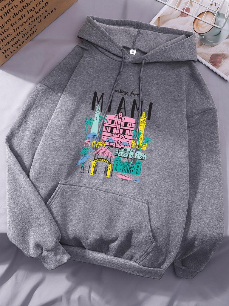 Greetings From Miami Printing Hoodies Women Casual Pocket Hoody Winter Fleece Warm Sweatshirts Basics Sporty Womans Streetwears