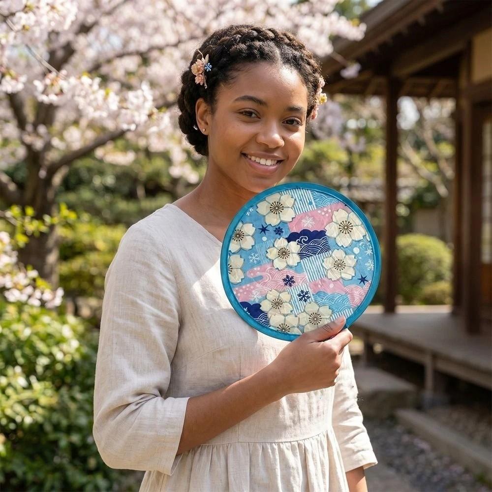 Round Folding Fan Japanese Style Collapsible Fan Hand Fan Portable Fan  Beach Use