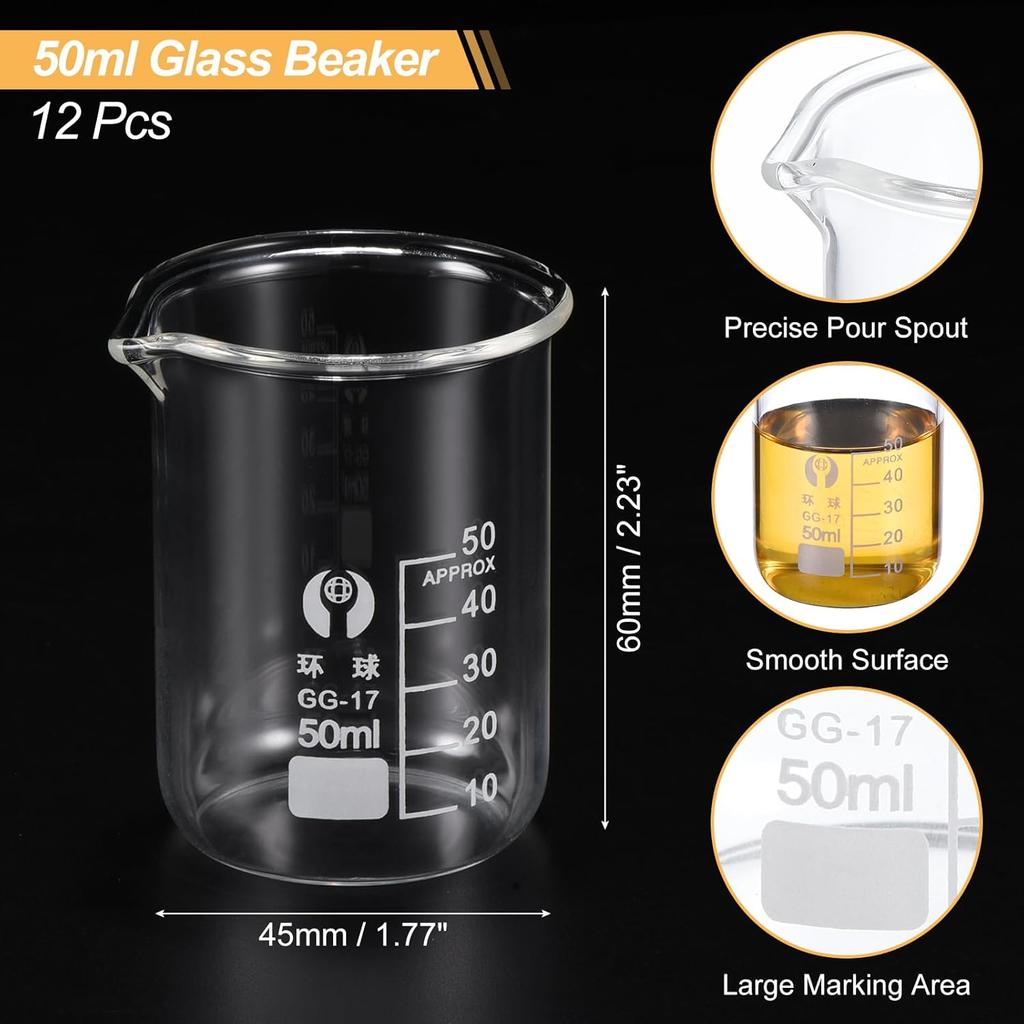 PATIKIL 50ml Low Form Glass Beaker, 12 Pack 3.3 Borosilicate Glass Graduated Printed Scale Measuring Cups with Spout for Kitchen Lab Liquids