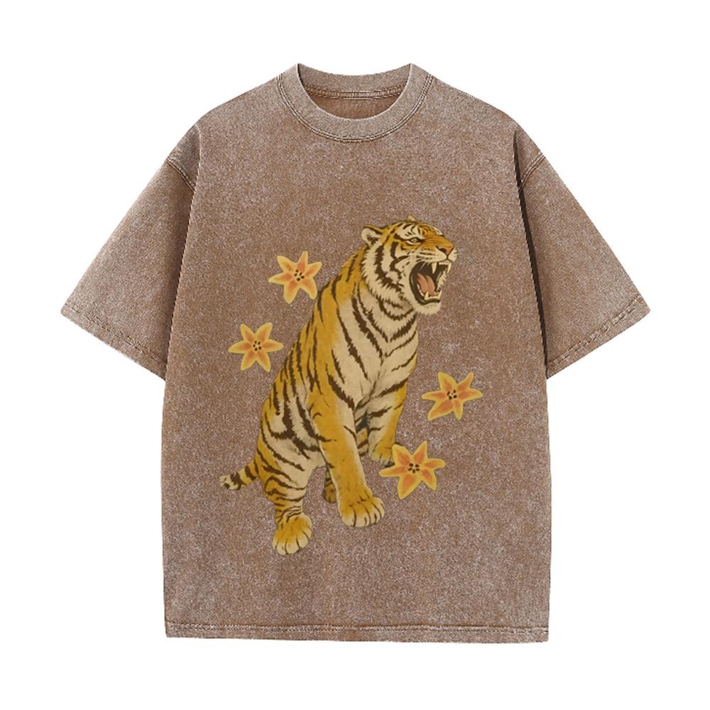 2026 Vintage Washed Black Roaring Tiger Flower Graphic T Shirt Oriental Animal Oversized Loose Streetwear Casual Short Sleeve Te
