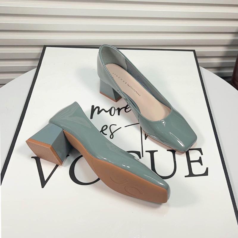 Square Head Shallow Mouth Thick Heel Single Shoes Women's New Temperament Versatile Green High Heels