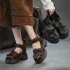 Johnature Genuine Leather Retro Pleated Thick Soled Sandals Comfortable And Breathable Women's Shoes