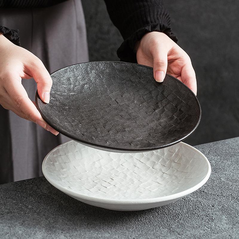 Nordic Grid Texture Ceramic Dinner Plate Round Matte Rock Pattern Cooking Plate Household Vegetable Dish Hotel Tableware Kitchen