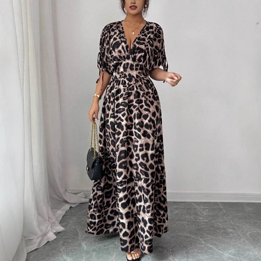 New elegant leopard print v-neck long dress, European and American