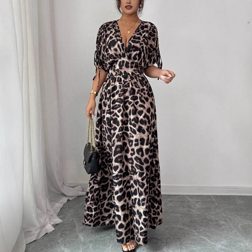 Women s Leopard Print V Neck Short Sleeve Tiered Ruffle Midi Dress S цветной печати леопарда