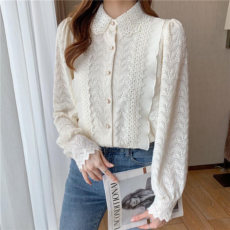 Korean Retro Ruffle Lace Blouse with Peter Pan Collar and Puff Sleeves for Women - Autumn/Winter 2025 Collection