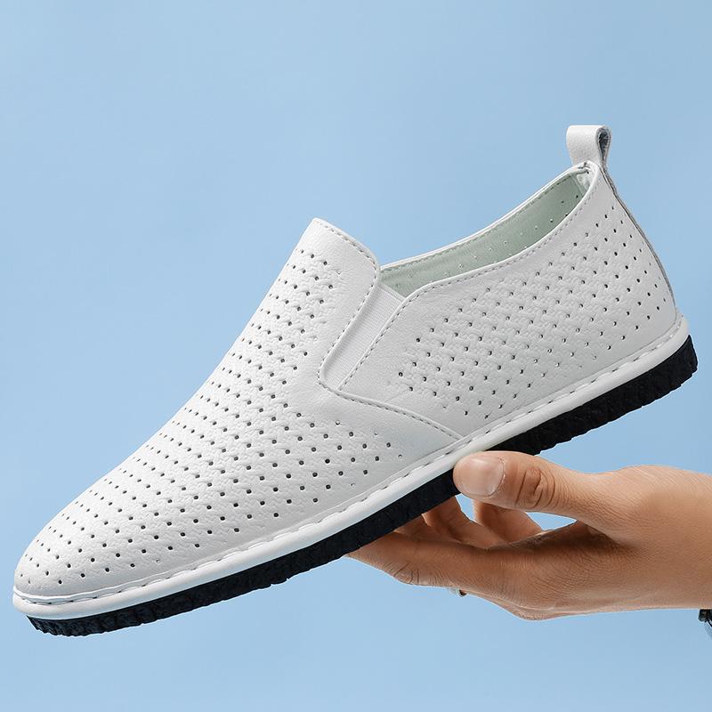 Fashion Summer Mens Punching Leather Loafers Shoes Non Slip Walking Flats Breathable Outdoor Casual Shoes Male Work Office Driving Shoes