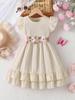 Vestito Rosa Principessa Estivo per Bambina con Ricami Floreali Maniche a Sbuffo Orlo Arricciato Cintura Gonna a Doppio Strato