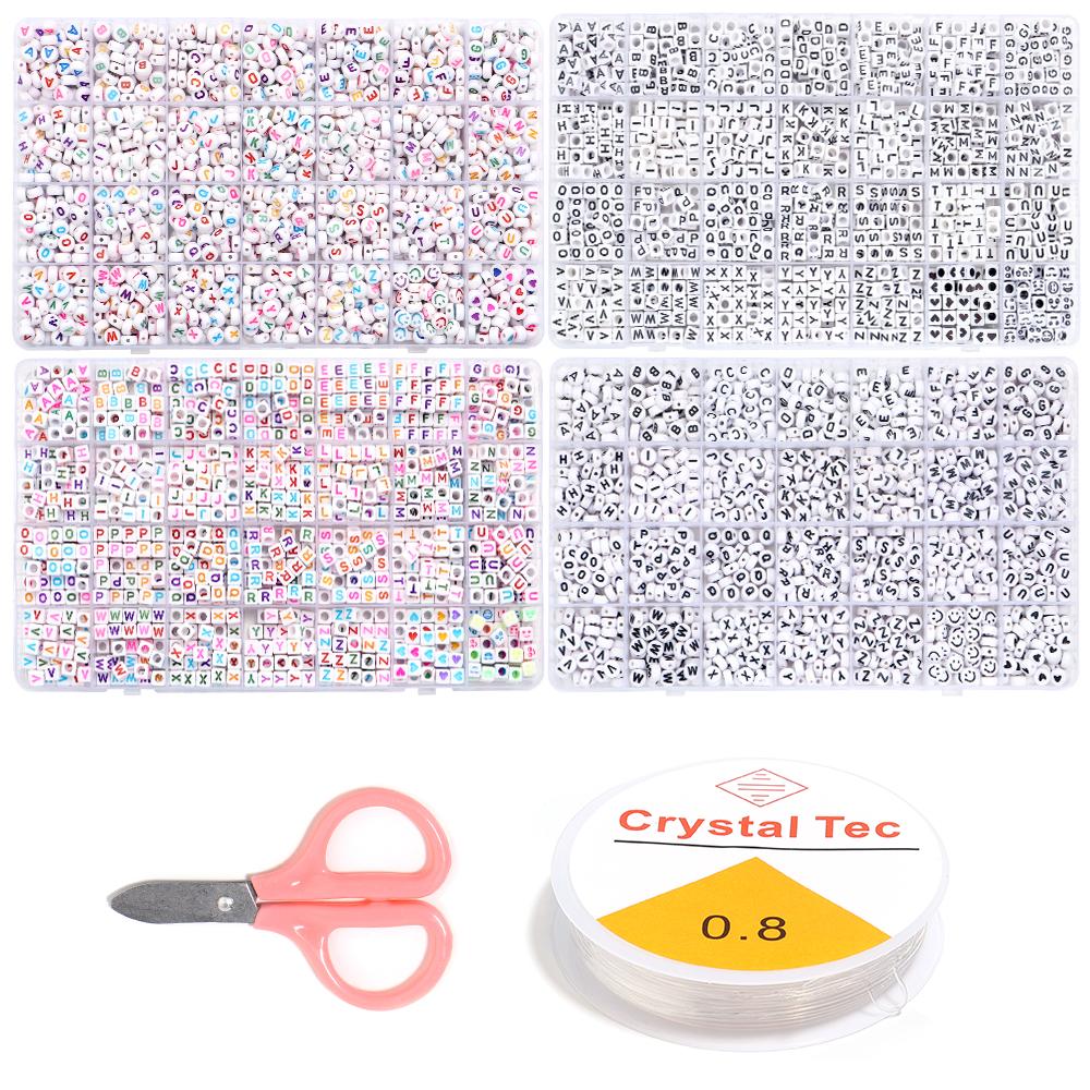 28grids Color Acrylic Letter Beads Kits A-Z Square Round Alphabet Bead Set with Line for Jewelry Making Bracelet Necklace Beaded