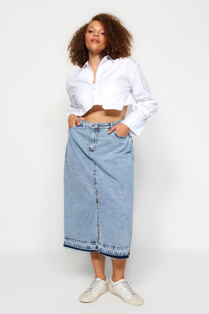Damen Stil Übergröße Blau Jeansrock mit vorderem Schlitz