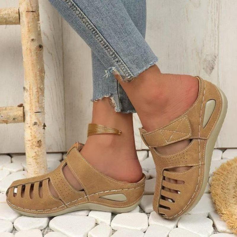 Wind bag head sports sandals women's hollow middle heel wedge sewing line large size Velcro slippers