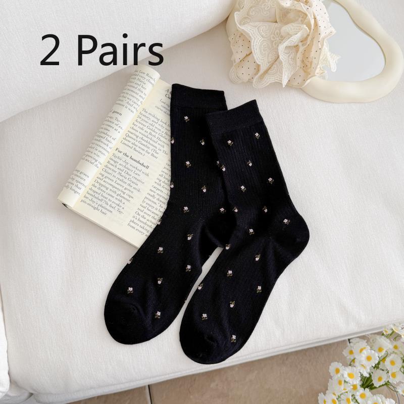 2 Pairs of Thin Mesh Small Floral Country-style Women's Mid-length Cotton Socks with Breathable Layers