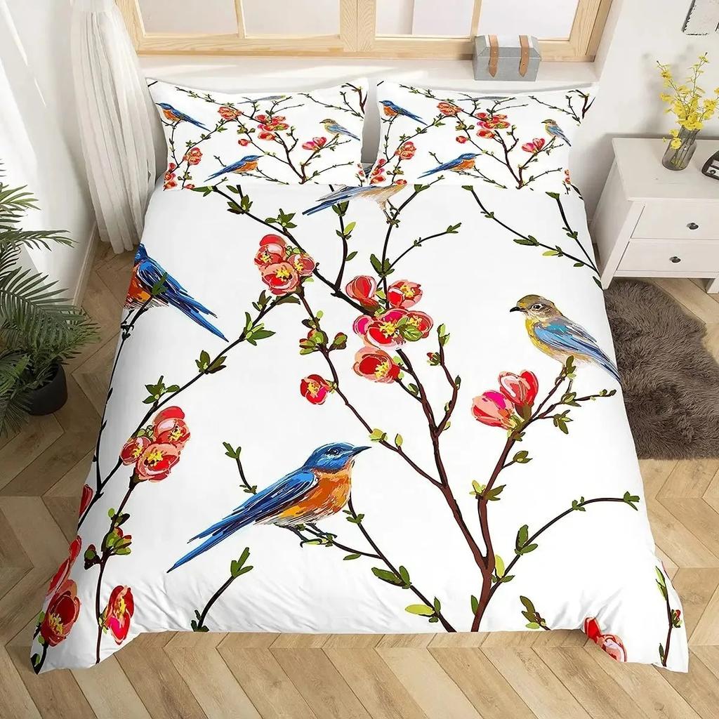 Cartoon Birds Duvet Cover SetWatercolor Cute Music Animal Bedding Set Comforter CoverChildlike Style Quilt Cover Set Full Size