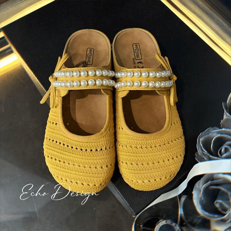 

Fashion Bow Pearl Mules Women s Summer Half Slippers Thick Bottom Fashion Woven Lazy Cool Slippers Flats Round Toe Weave Ballet Shoe 35 жёлтый