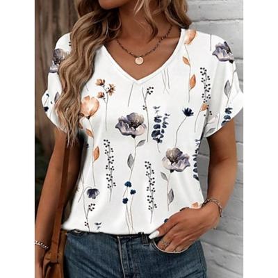3D Printing Women's T Shirt Tee Floral Print Daily Stylish Casual Short Sleeve V Neck White Summer