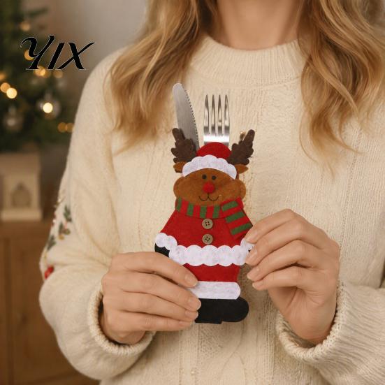 Festive Dinner Table Decorations Christmas Cutlery Holder Pockets, Santa Snowman Reindeer Tableware Bags, Pouch for Parties Bags Spoon Knife