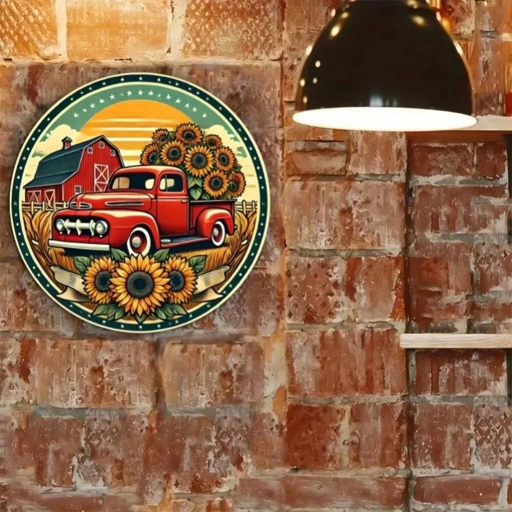 Iron Tin Sign Vintage Red Truck Sunflower Farmhouse Wall Art Decor