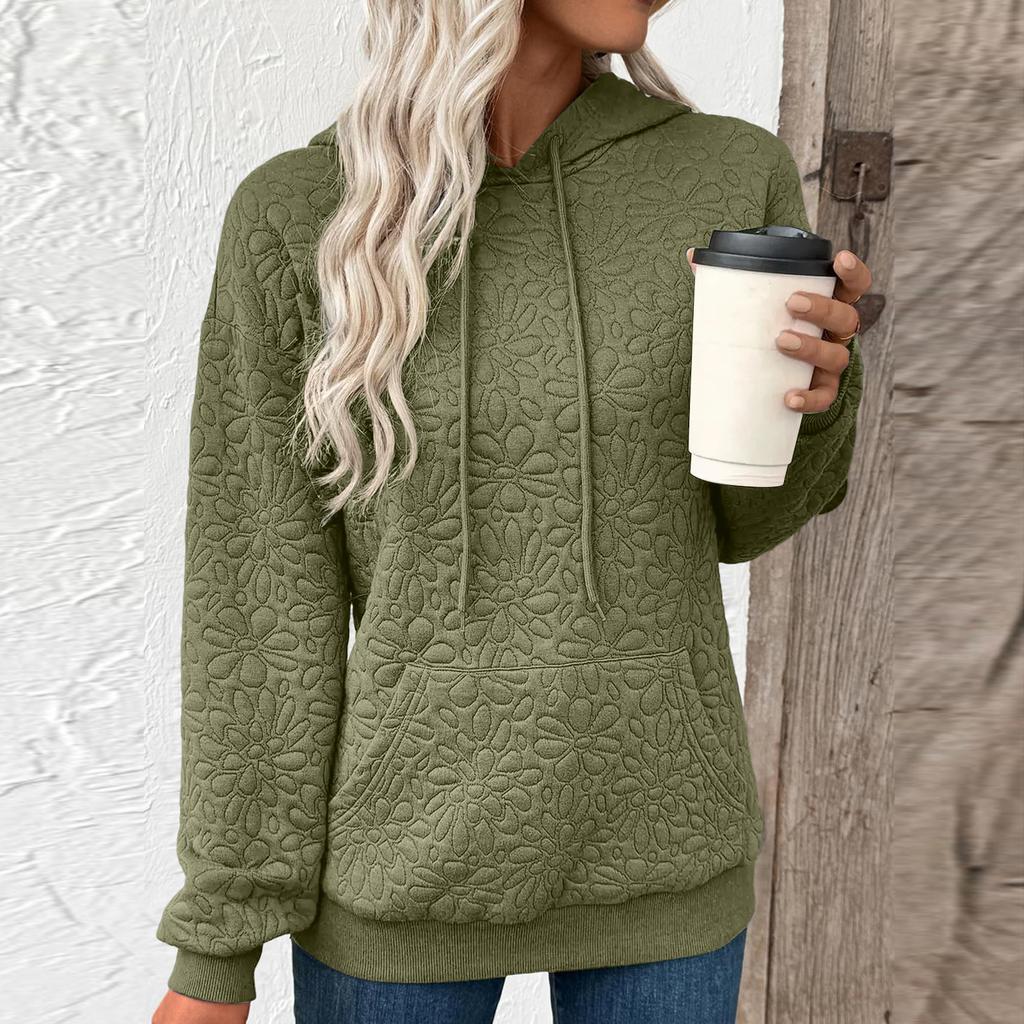 Damen Einfarbiges Modisches Kapuzen-Textur-Langarm-Top Sweatshirt