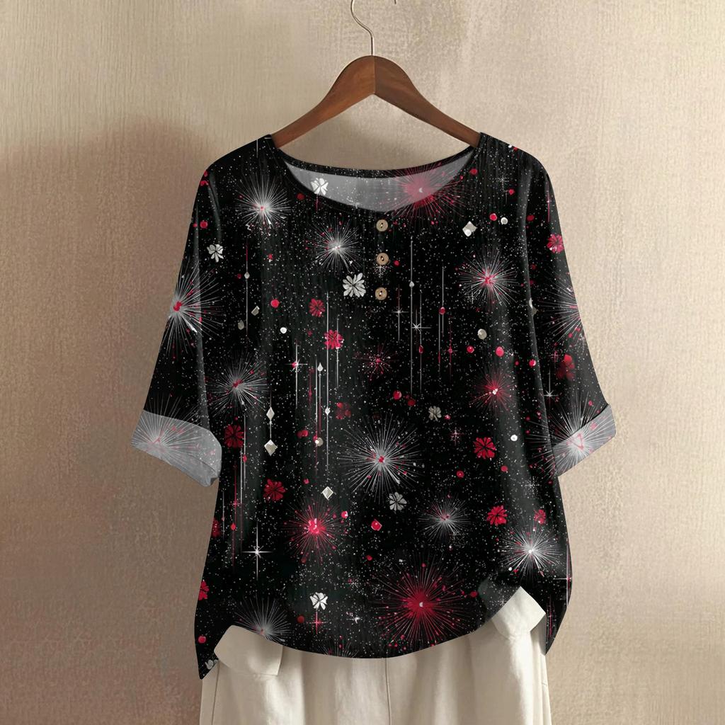 Women's Fashionable And Casual Shirt Half-sleeve Round Neck Print Cotton And Linen Blouse Top
