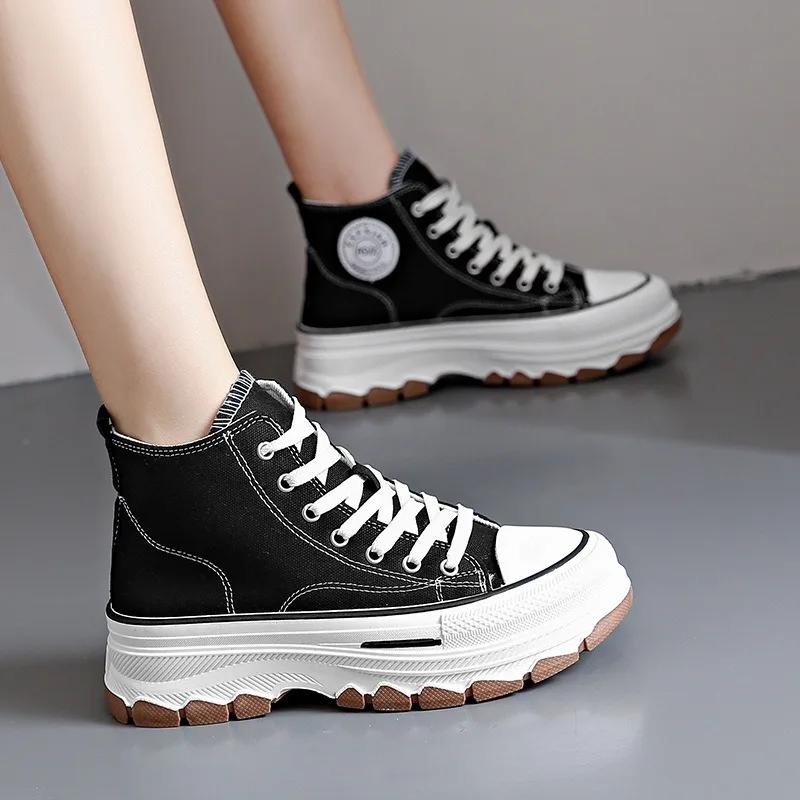 New Women High Top Sneakers Lace-Up Casual Plarform Height Canvas Non-slip Wear Resistant Spring Female Vulcanize Shoes