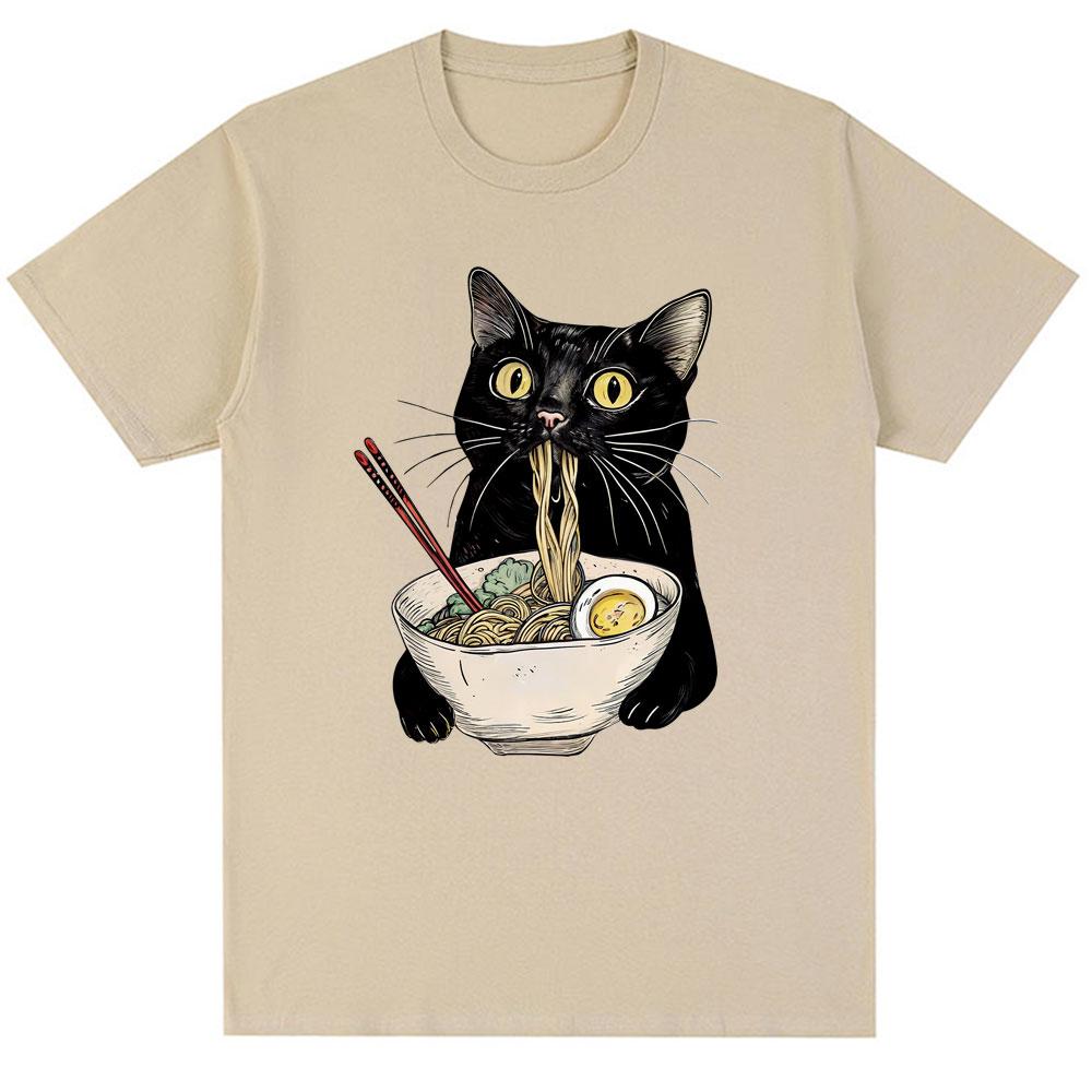 Funny Noodle Ramen Black Cat Graphic T-shirt Fashion Men's Women's Popular Short Sleeve Y2K Oversized Cotton T Shirts Streetwear