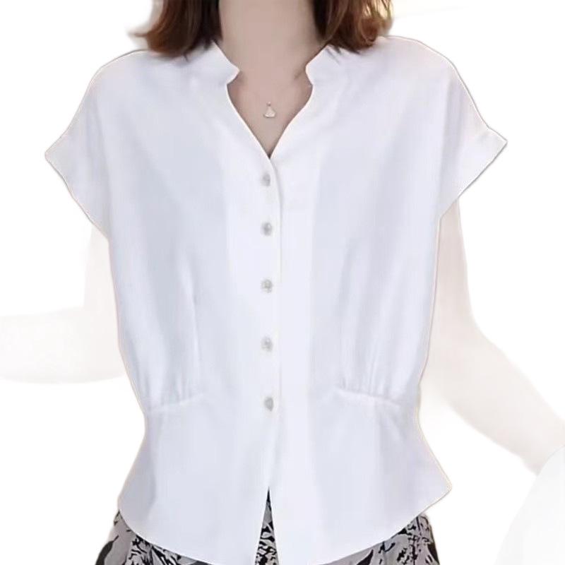 French V-neck Short Sleeve T-shirt - Elegant Slimming Design for Summer 2026 Fashion