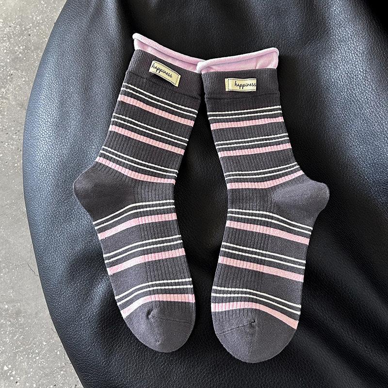 Color-blocking Striped Mid-calf Socks, Autumn Trend, Letter-label, Double-seam, Rolled-up, Pile Socks, Boneless