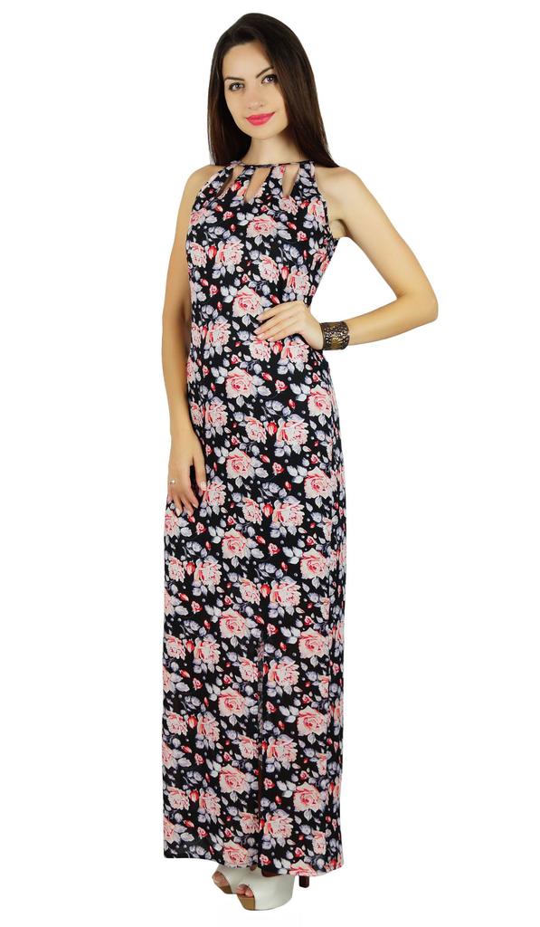 Bimba Women Long Maxi Dress With Slit Black Floral Ankle Length Summer
