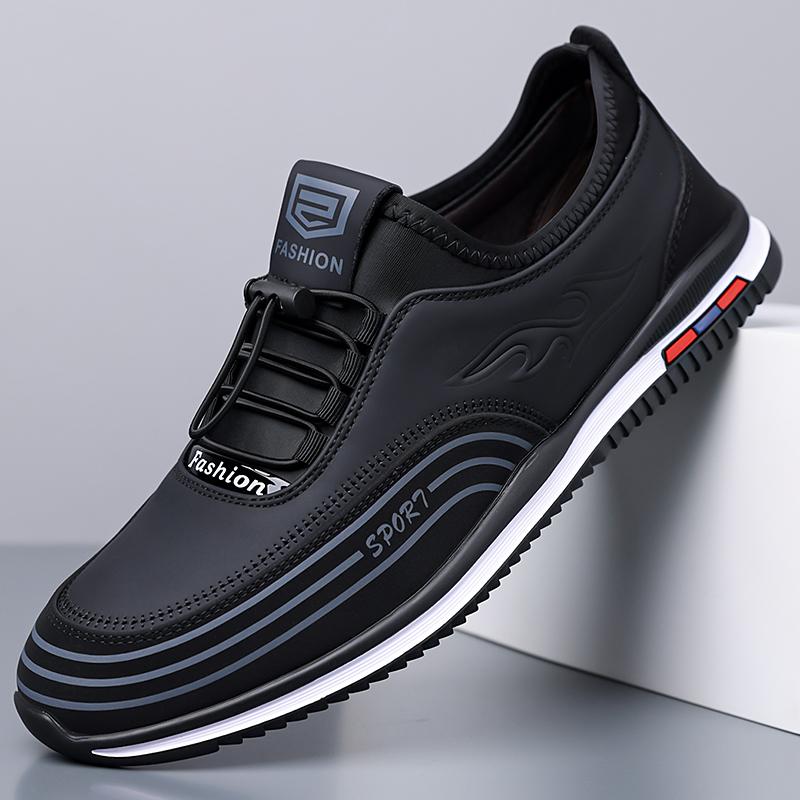 BrownEmbossedLeatherSliponSportShoesMenBlack Striped Patchwork Elastic Lace Cushion Sole Non Slip Outdoor Street Office Trainers