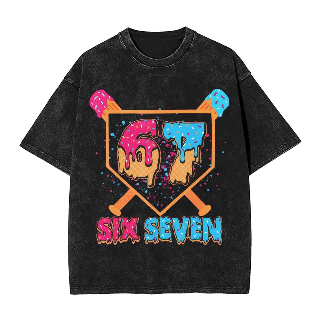 Six Seven Ice Cream Drip Baseball 67 Funny Meme T Shirt Beach Streetwear T Shirts Cotton Hippie Tee Shirt For Men Loose Top Tees