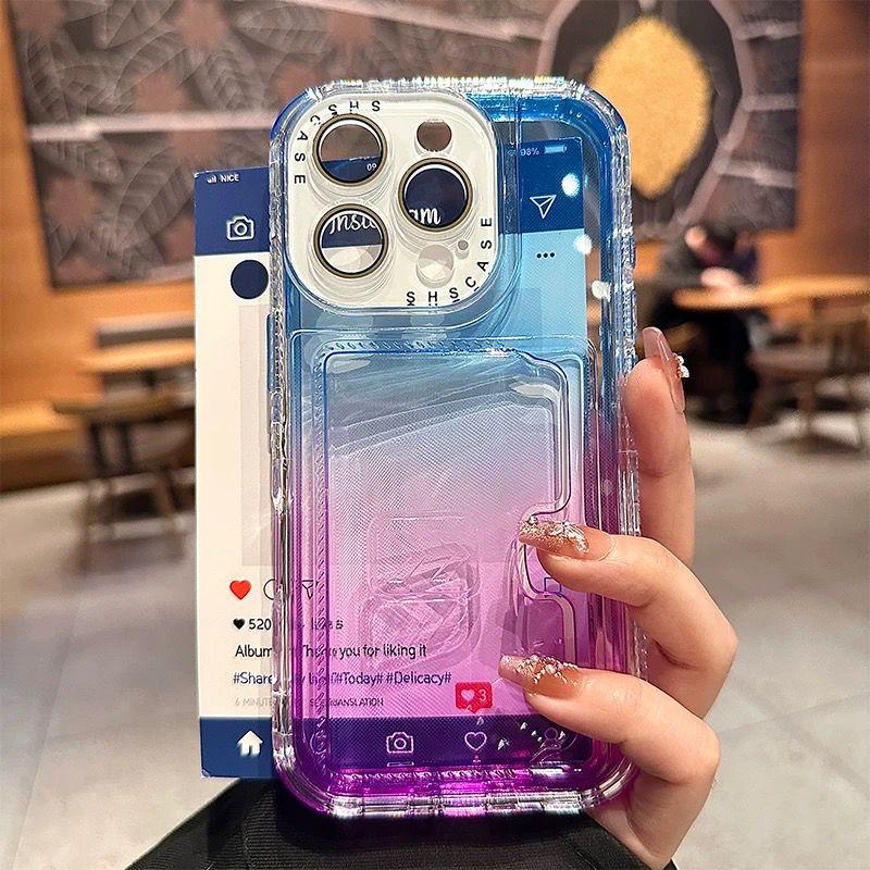 Colorful Bright Gradient Card Slot Wallet Clear Case For iPhone 16 Plus 15 14 13 12 Pro Max Candy Color Bumper Soft TPU+PC Cover