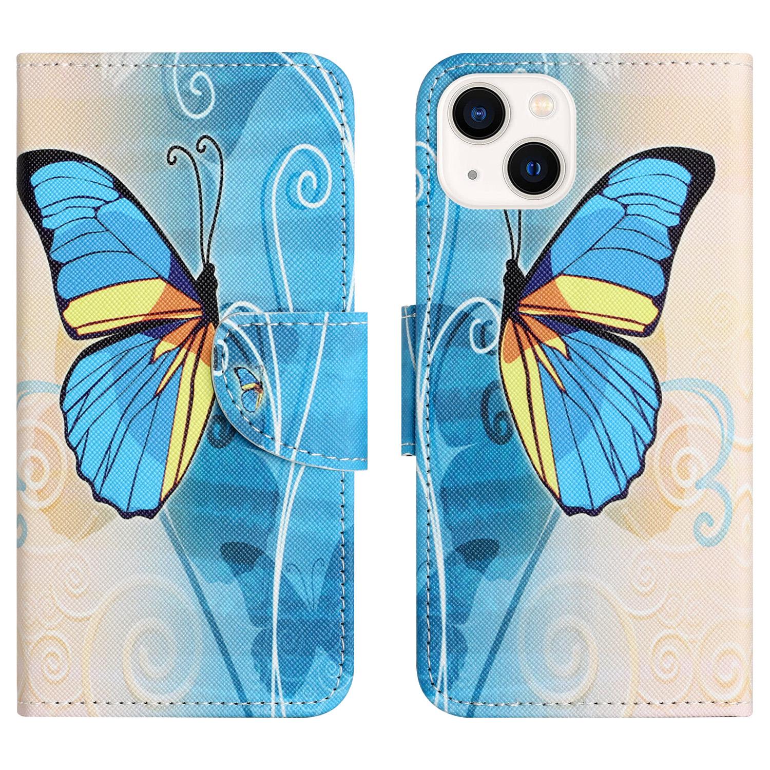 

For iPhone 15 Cross Texture Leather Wallet Stand Case Pattern Printing Phone Cover Butterfly