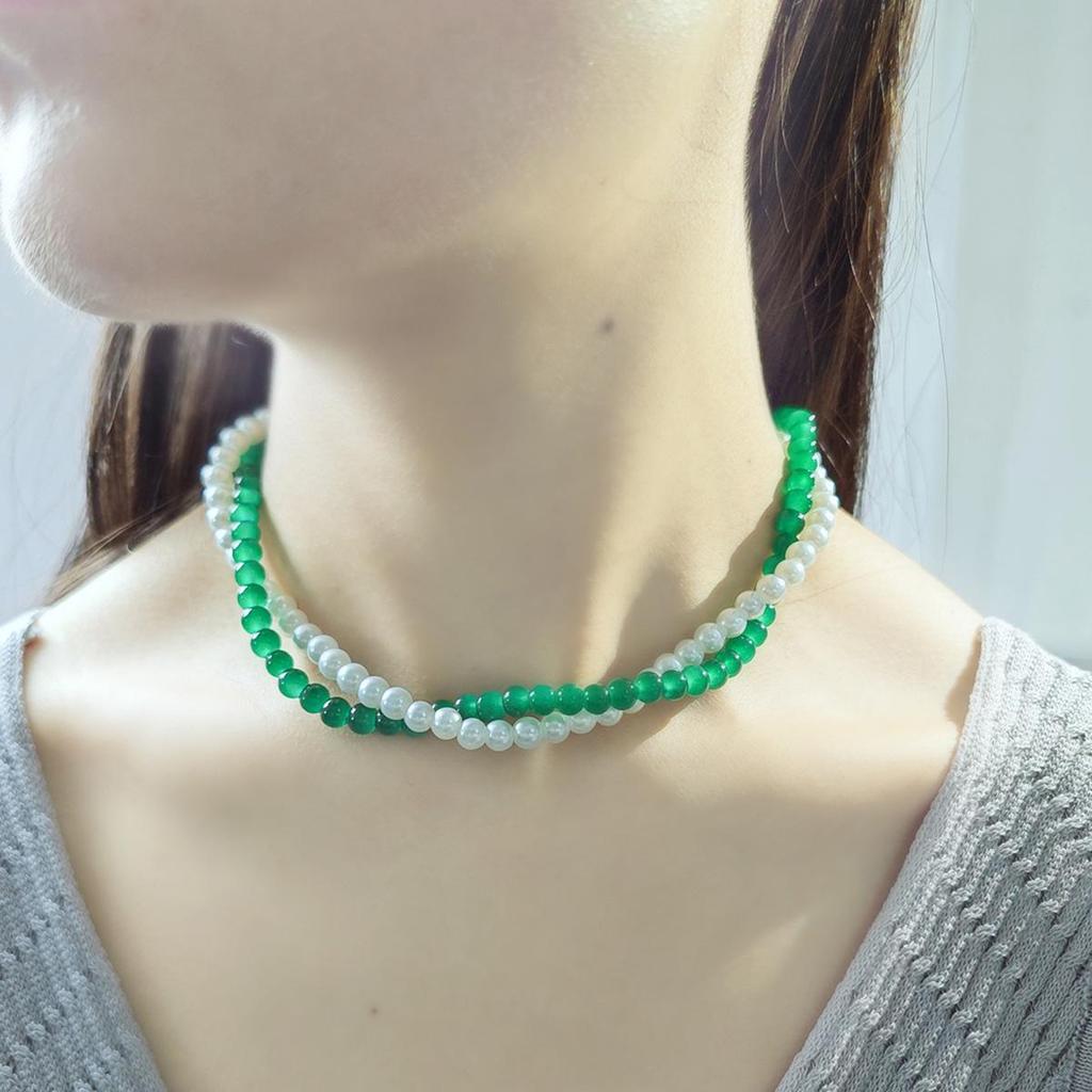 Emerald Pearl Multi-layer Necklace - Retro Chinese Style Beaded Clavicle Chain for Women