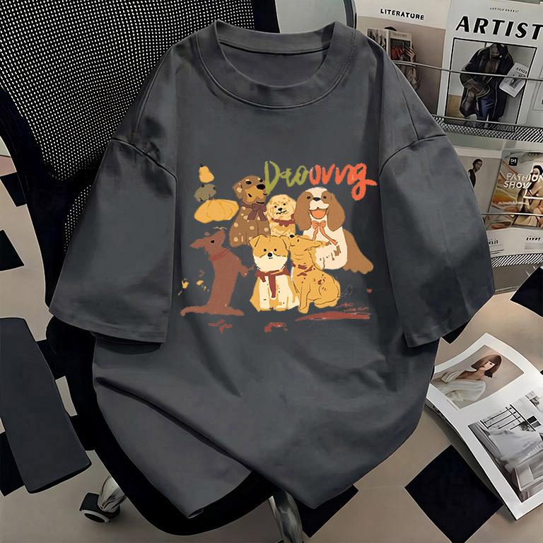 Women Cute Dog Graphic Print Cotton Short Sleeve T-Shirt Loose Oversized Round Neck Basic Tee Plus Size Casual Summer Tops