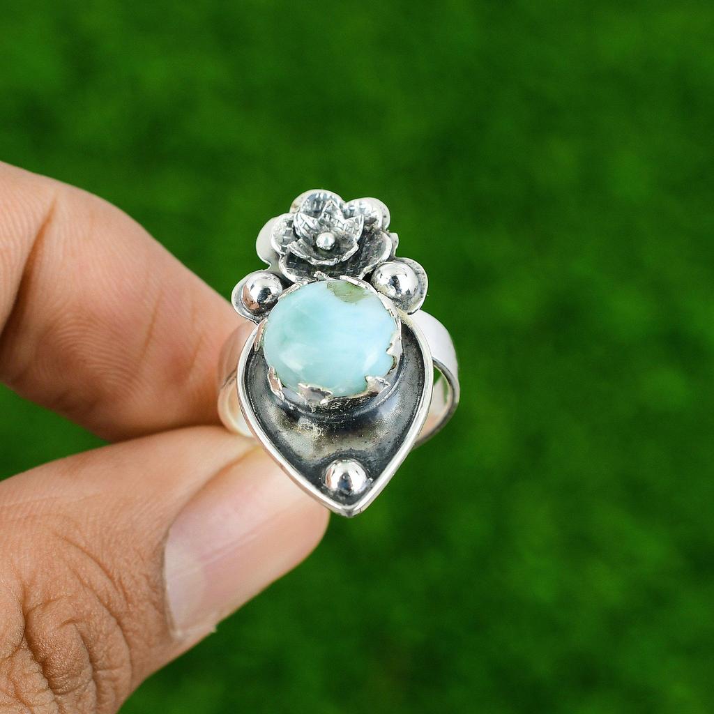 Natural Larimar Gemstone Multi Stone Flower Blue Adjustable Ring 925 Silver