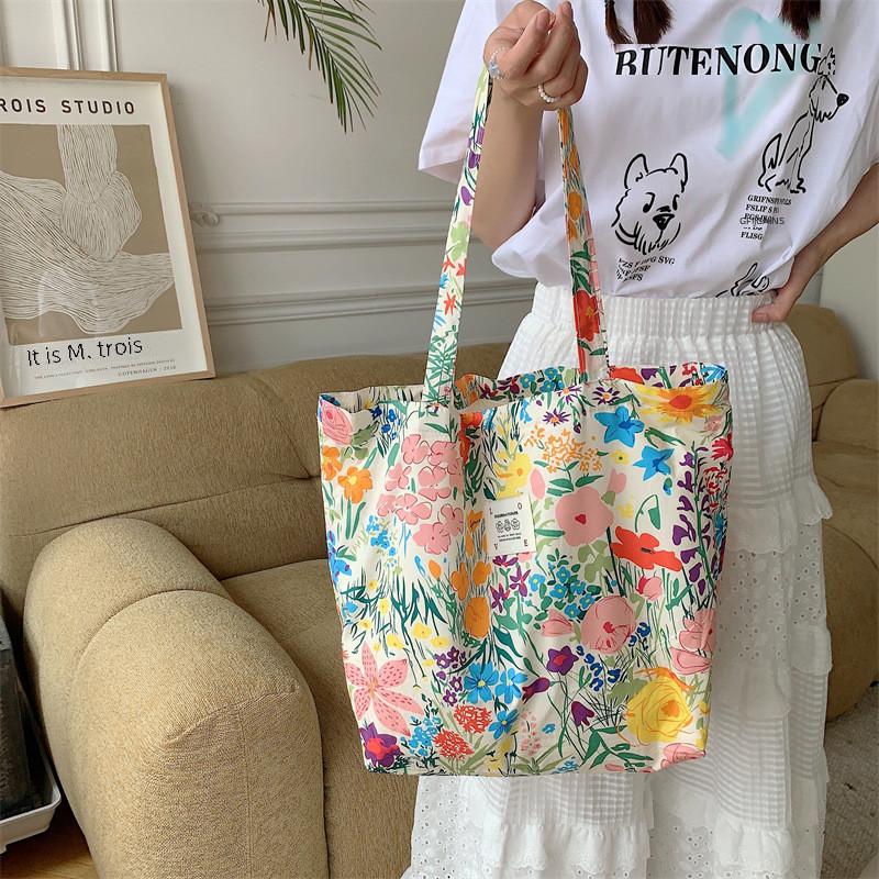Trendy Street Style Spring Garden Flower Tote Bag Large Capacity Soft Canvas Shoulder Bag