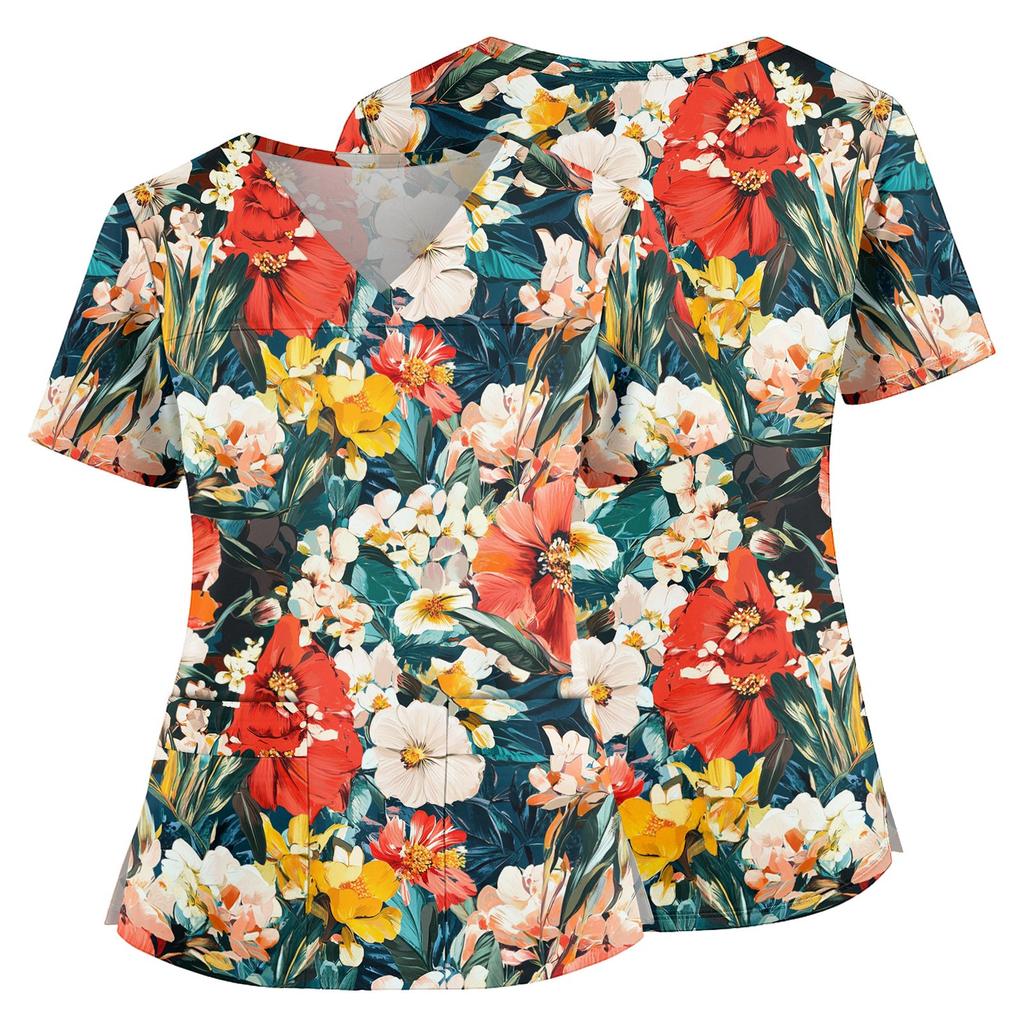 Floral Print V Neck Medical Scrub Top with Pockets Side Slits Short Sleeve Nurse Uniform Shirt for Women Comfortable Fit