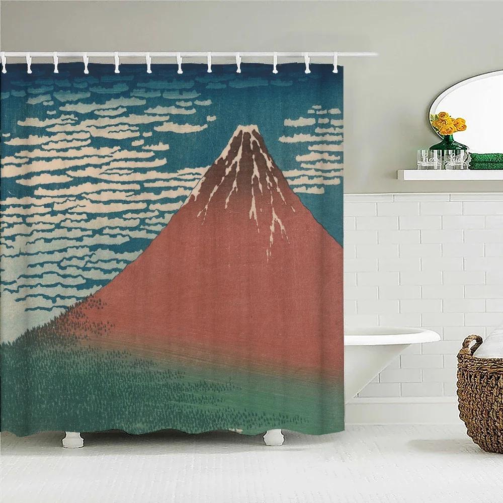 Duschvorhang im japanischen Stil 3D-Tuschemalerei Badezimmervorhang Wasserdicht mit Haken 180*240CM Duschvorhang Polyestergewebe