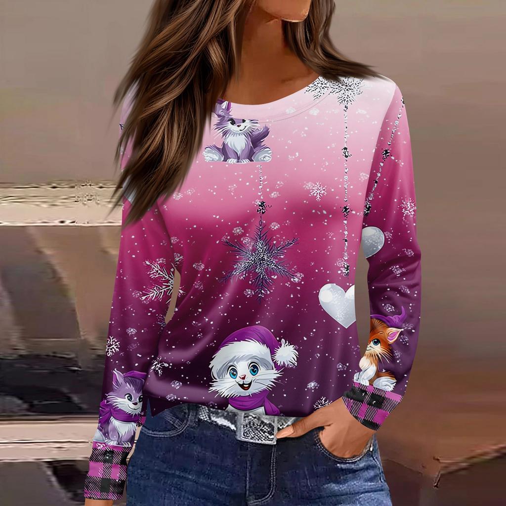 Women's Fashion Casual Slit Hem Round Neck Long Sleeve Loose Christmas Printed T-Shirt Ladies Top