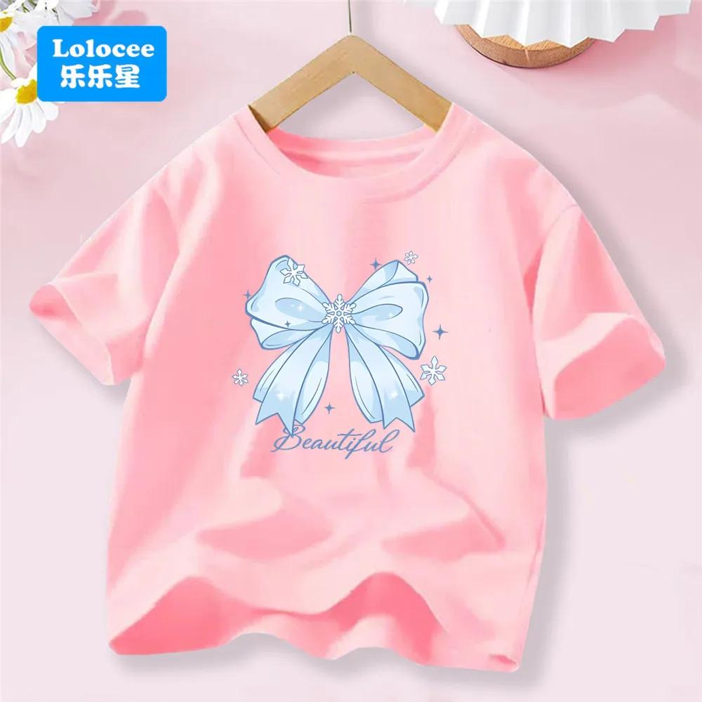 Girls' New Summer Korean Style Short Sleeve T-shirt Trendy Cute Bowknot Tee for Girls, Sweet Top for Toddlers and Young Girls
