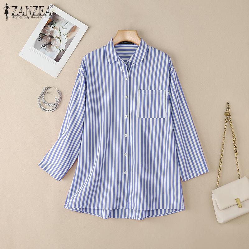 ZANZEA Women Turn Down Collar Long Sleeve Stripe Blouse
