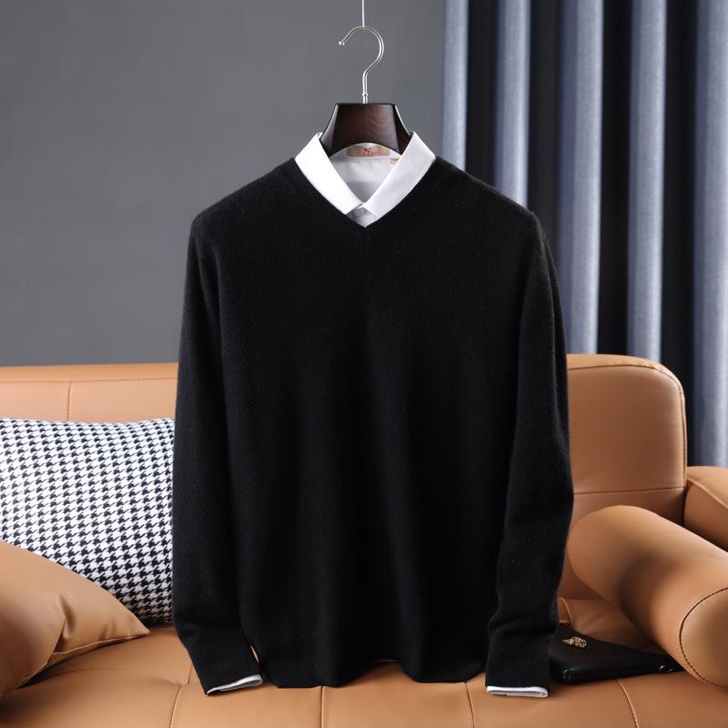 Men's Casual Autumn & Winter 100% Pure Wool V-Neck Loose Knit Sweater