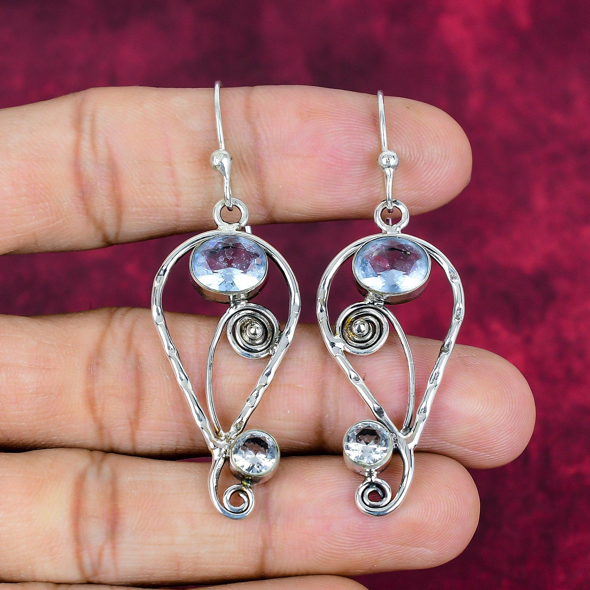 

Серьги с голубым топазом, ювелирные изделия из цельного серебра 925 пробы с драгоценными камнями, серьги ручной работы, на День благодарения 2.36 Inches белый