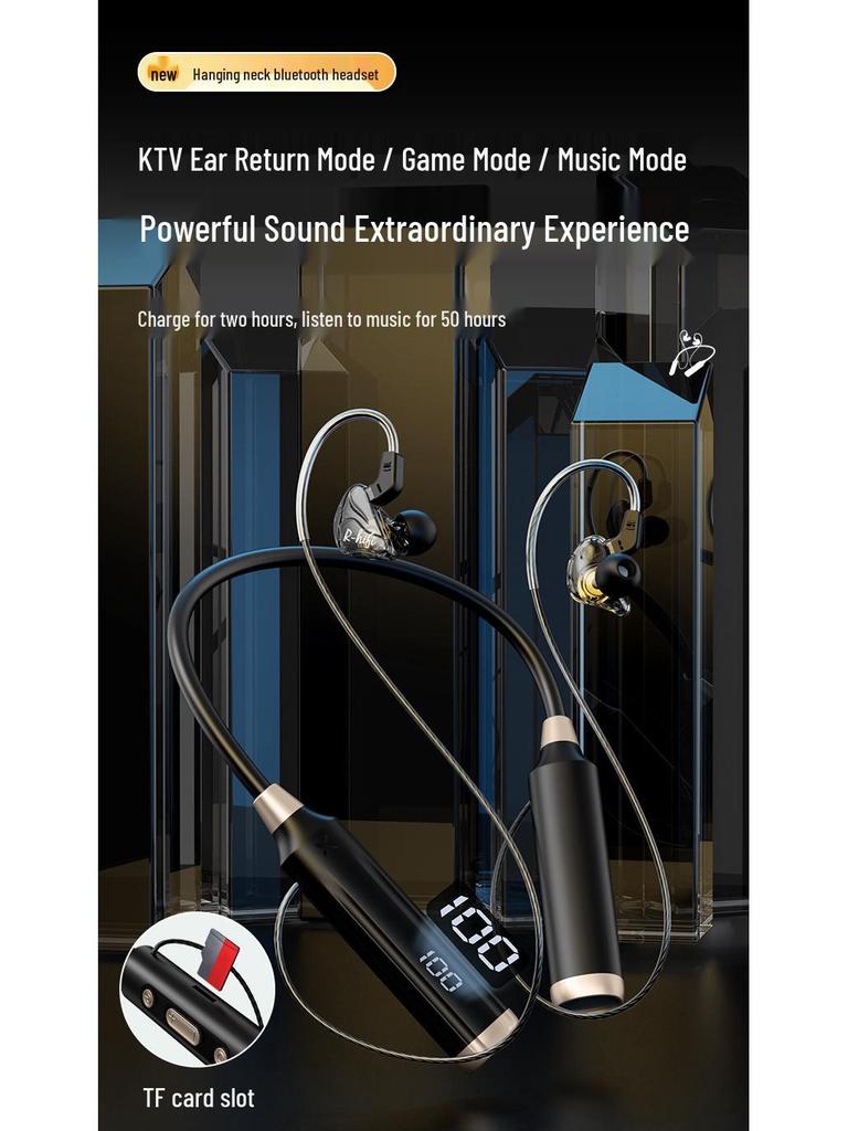 5.3 Neckband Bluetooth Earphones with Display, SD Card Slot, Long Battery Life & Sports K-Song Mode