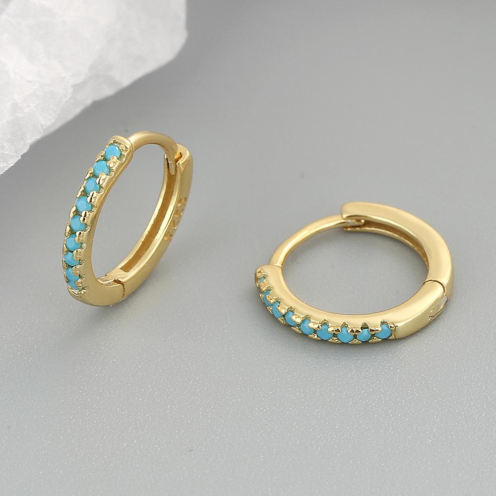 Cool Tone Micro Paved Blue Turquoise Zircon Gold Hoop Earrings Fashionable Hip Hop For Women золотой