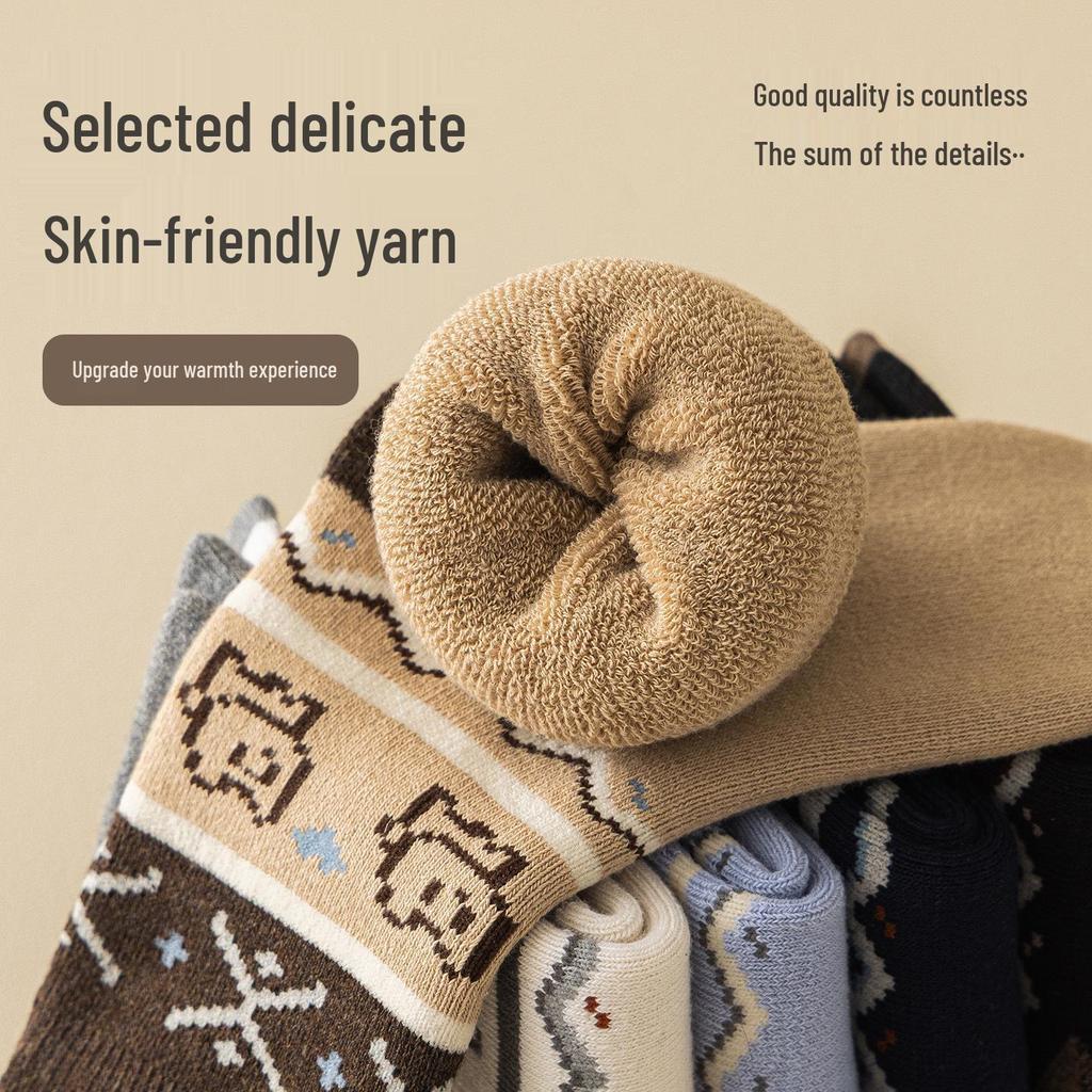 Women's Warm Fleece-Lined Fair Isle Socks - Thick Terry, Mid-Calf & Knee-High with Cartoon Design