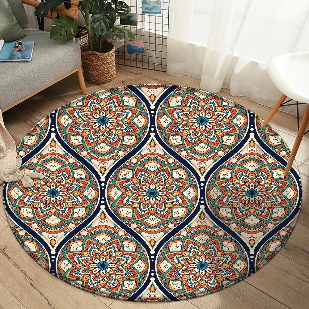 Alfombra Redonda Mandala Boho Alfombra de Área con Estampado Floral Colorido Para Sala de Estar Dormitorio Silla Felpudo Antideslizante para Suelo Hogar Cocina Felpudo de Puerta