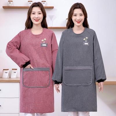 Women's Thickened Cotton Long-Sleeved Apron for Kitchen and Work Wear