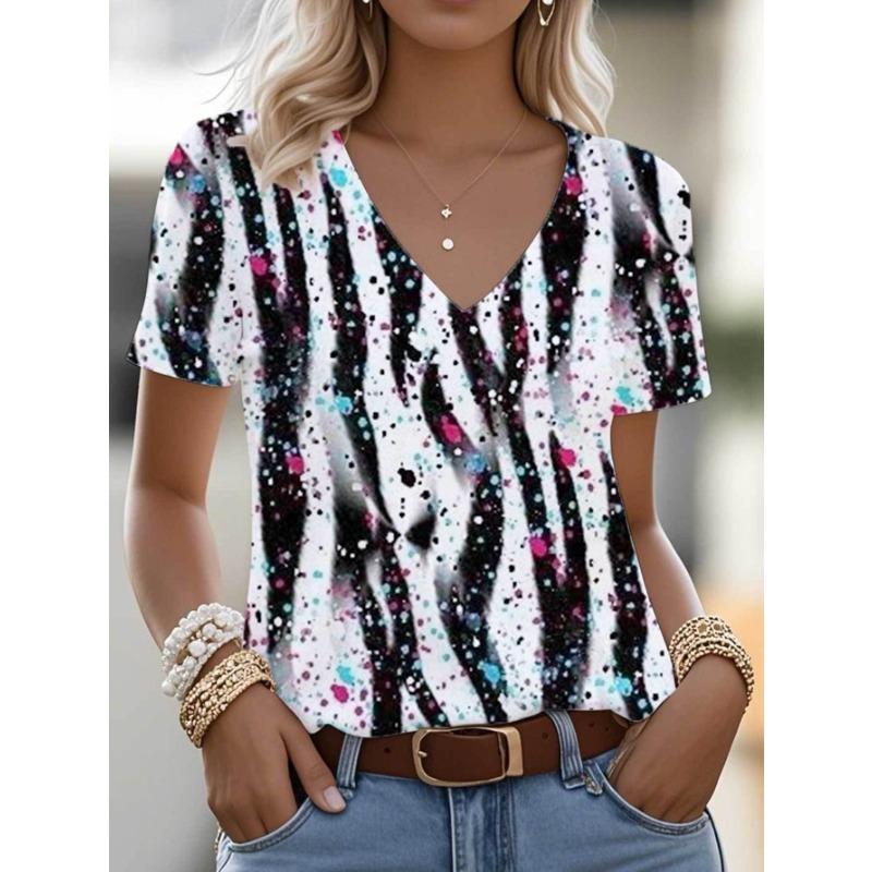 Women s 3D all-over printed casual short-sleeved graphic V-neck T-shirt S